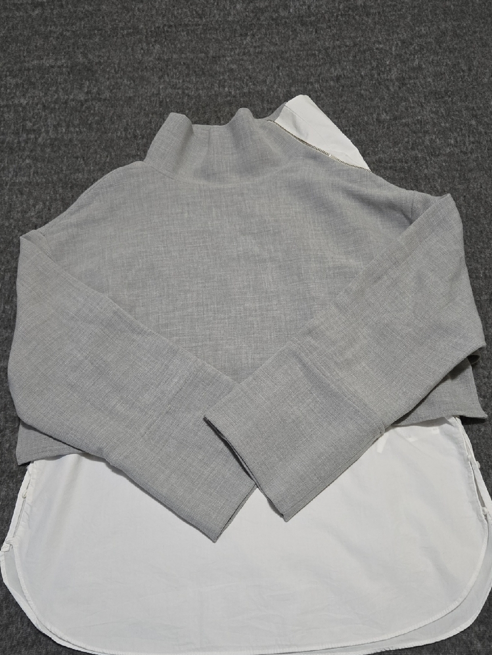 Zara Grey Sweater Top with White Shirt Hem Detail